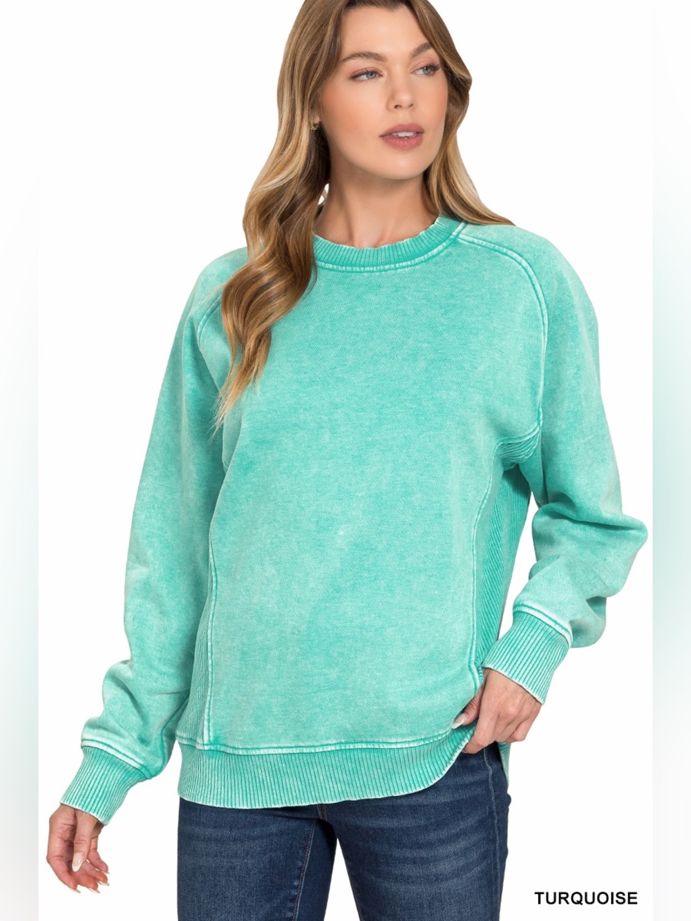 Zenana Acid Wash Sweatshirt - Turquoise